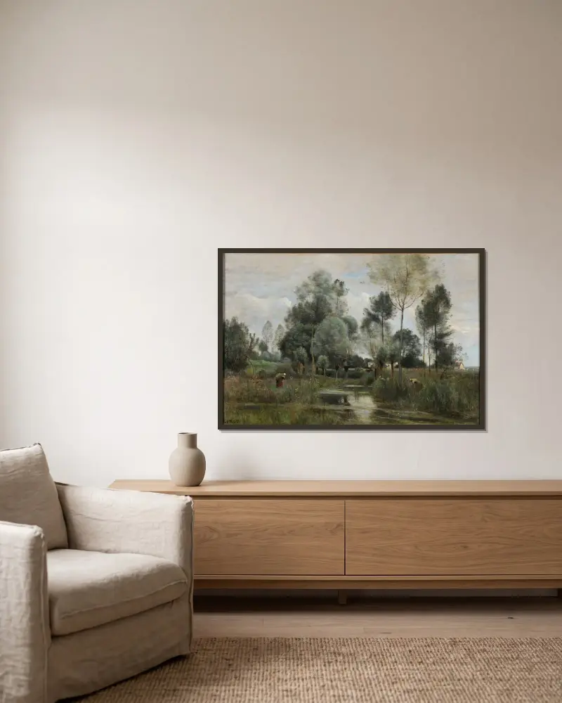 Printemps. La Saulaie av Jean-Baptiste-Camille Corot inramad på en vägg