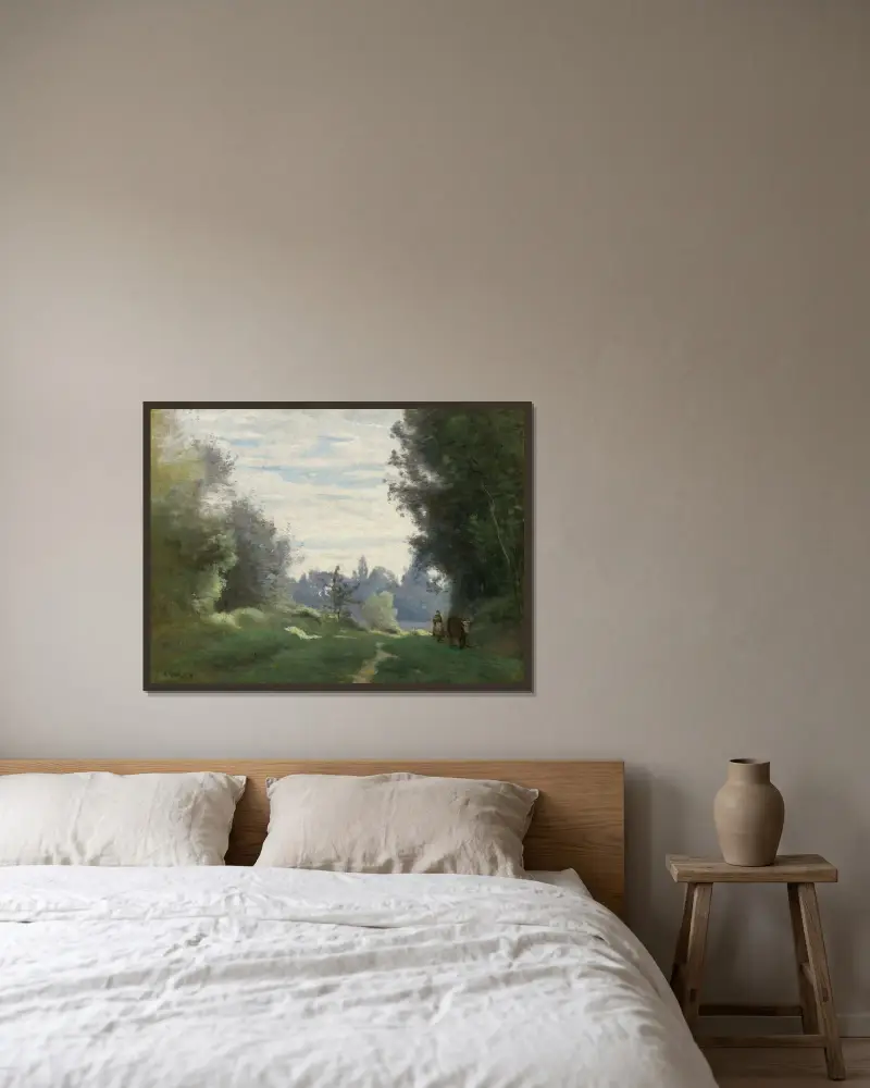 Morgenstrahlen (Die Kuh auf dem Weg zum Feld) von Jean-Baptiste-Camille Corot gerahmt an einer Wand