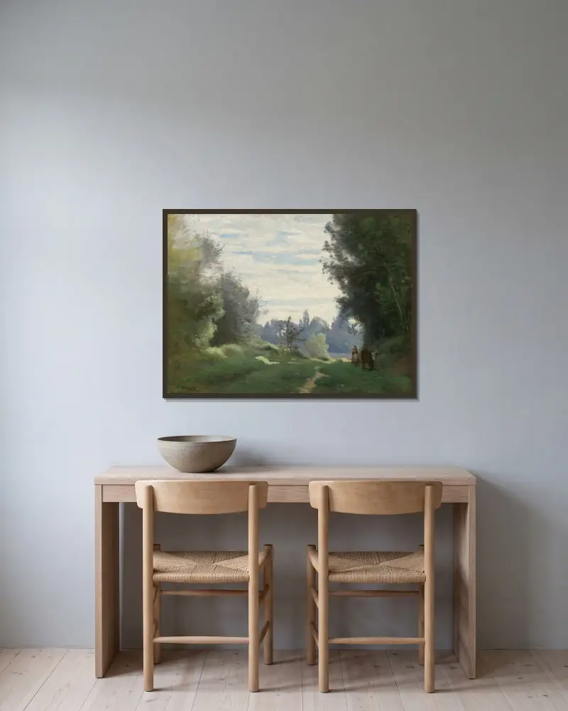 Morgenstrahlen (Die Kuh auf dem Weg zum Feld) von Jean-Baptiste-Camille Corot gerahmt an einer Wand