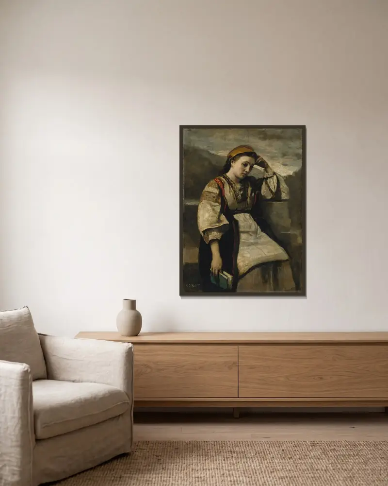 Träumerei von Jean-Baptiste-Camille Corot gerahmt an einer Wand