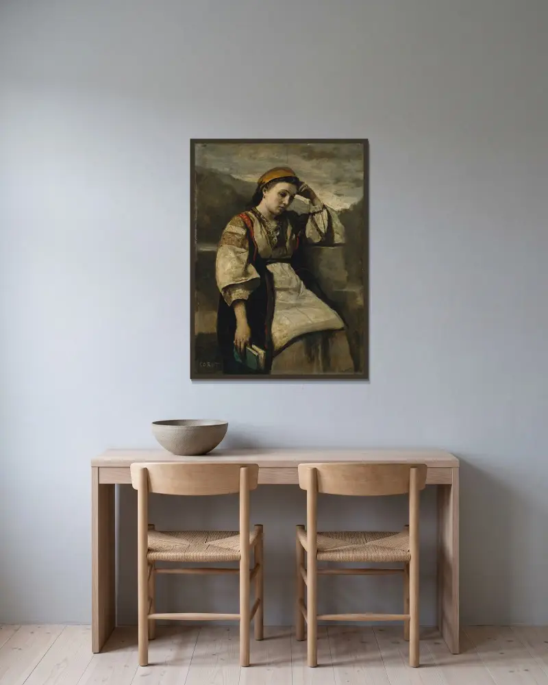Träumerei von Jean-Baptiste-Camille Corot gerahmt an einer Wand