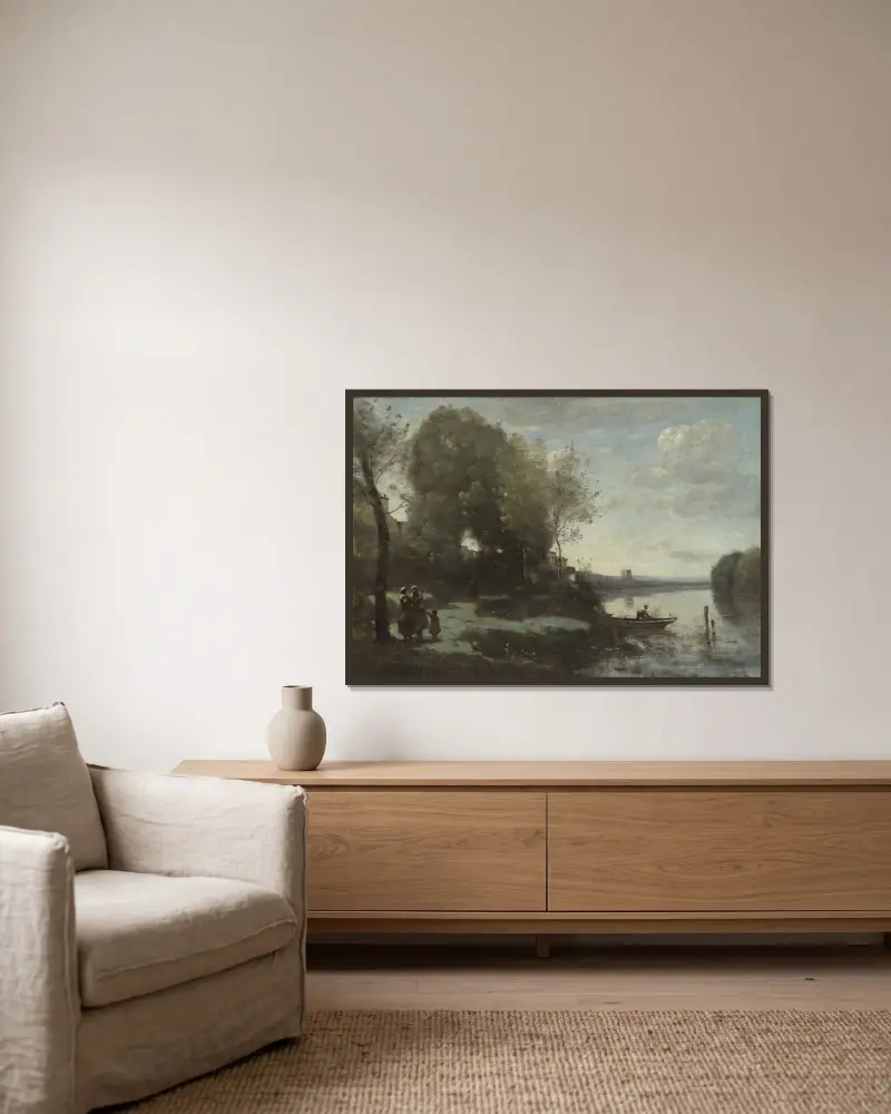 Fluss mit fernem Turm von Jean-Baptiste-Camille Corot gerahmt an einer Wand