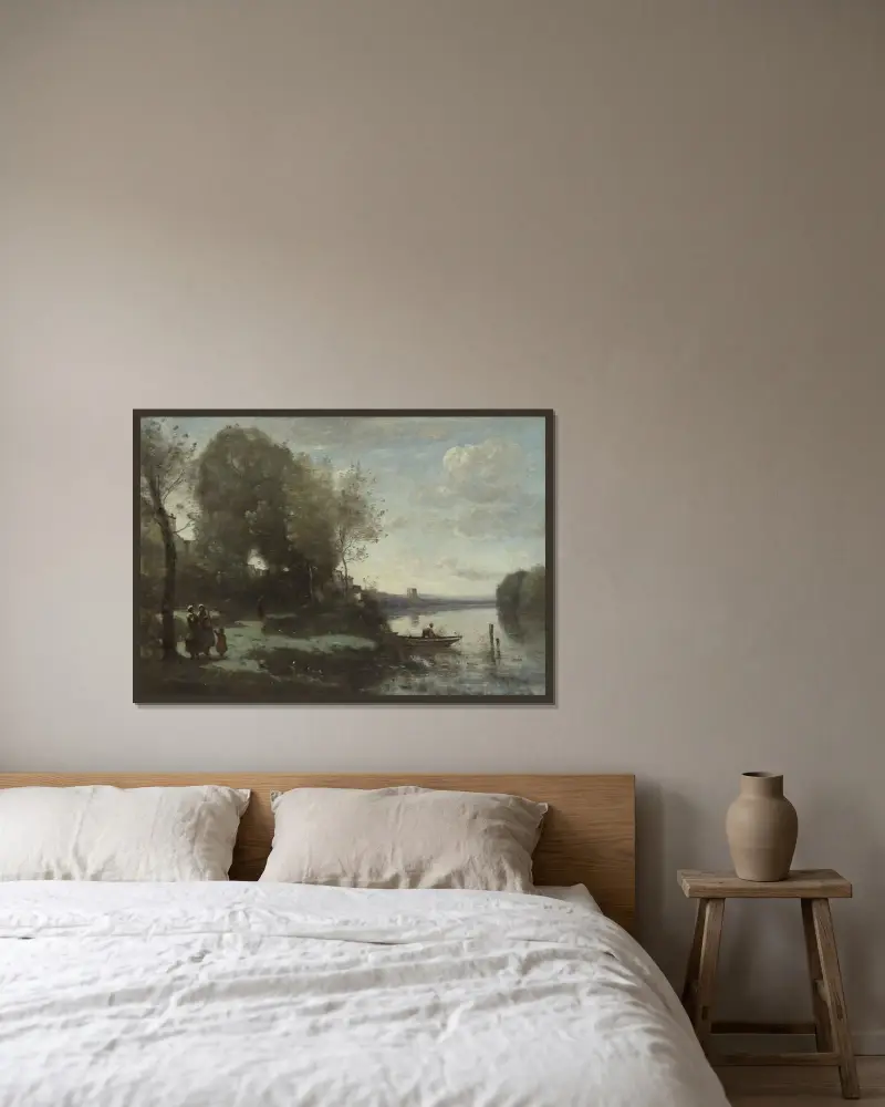 Fluss mit fernem Turm von Jean-Baptiste-Camille Corot gerahmt an einer Wand