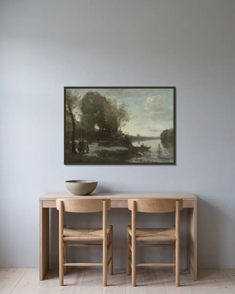 Fluss mit fernem Turm von Jean-Baptiste-Camille Corot gerahmt an einer Wand
