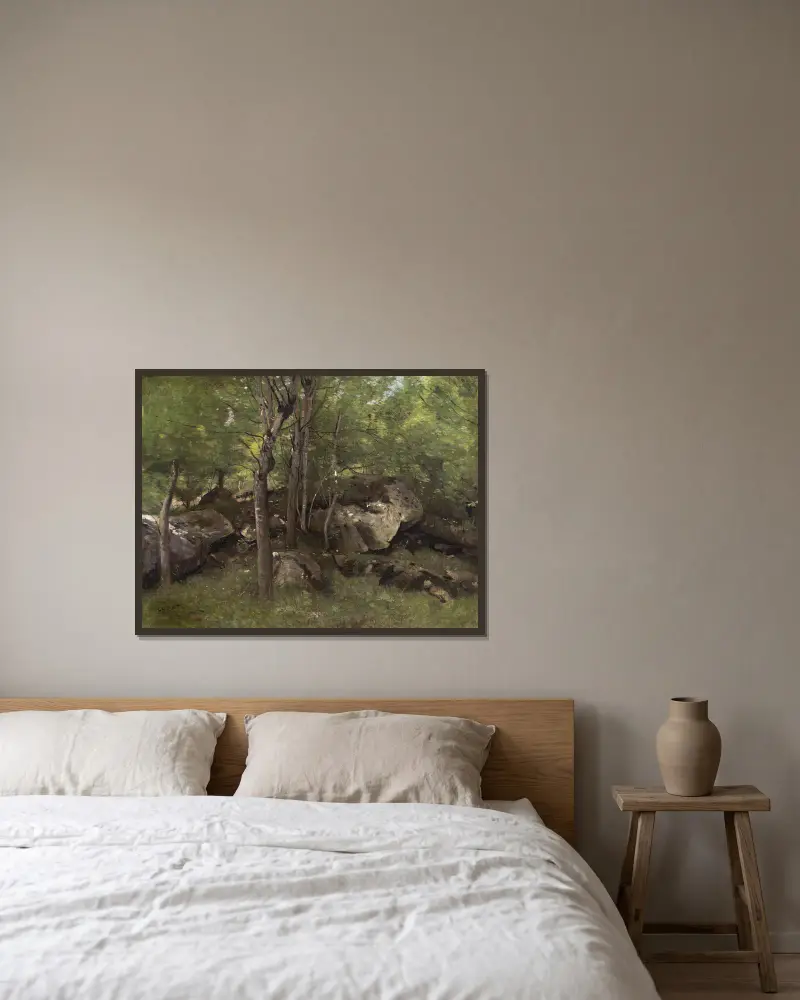 Klippor i Fontainebleauskogen av Jean-Baptiste-Camille Corot inramad på en vägg