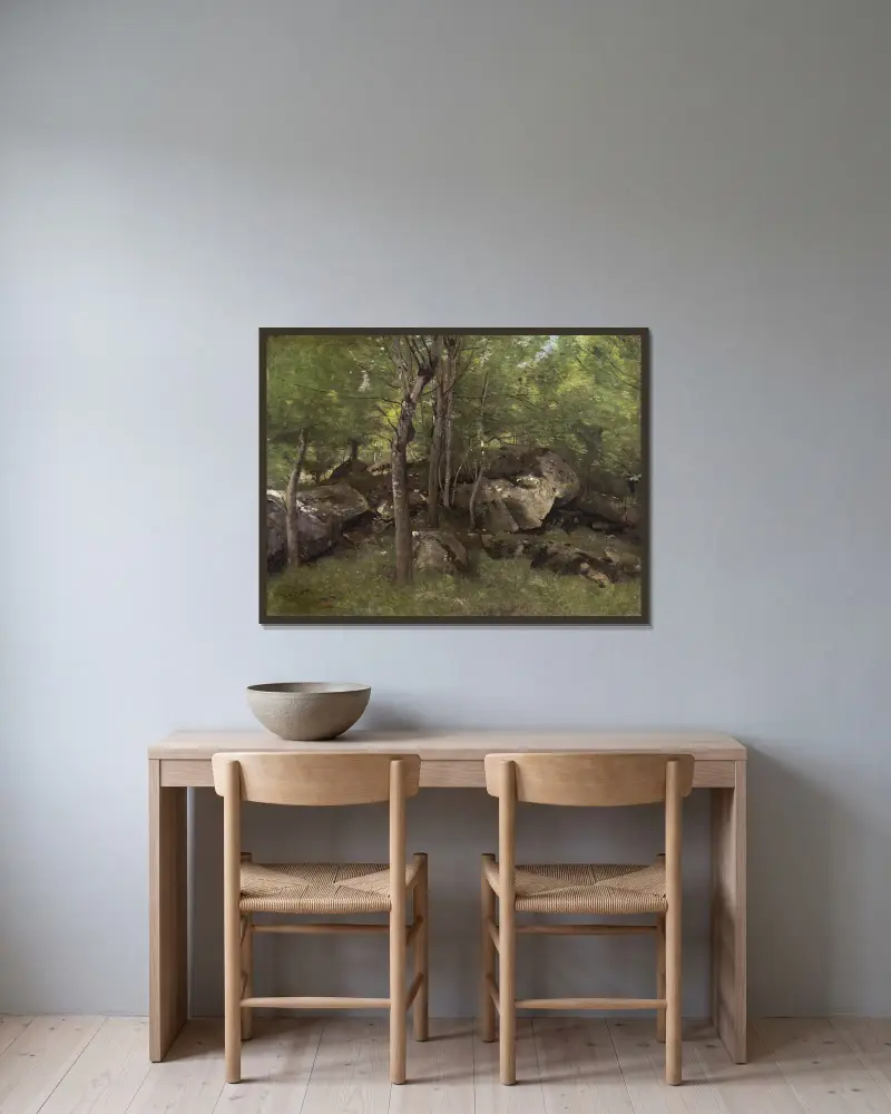 Klippor i Fontainebleauskogen av Jean-Baptiste-Camille Corot inramad på en vägg