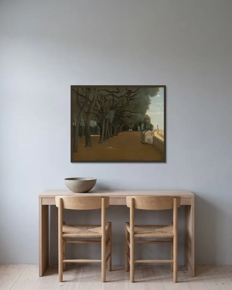 Rom; Terrassen vid Villa Pamphili av Jean-Baptiste-Camille Corot inramad på en vägg