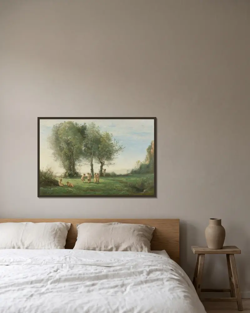 Kärleksgudarnas ringdans; Soluppgång av Jean-Baptiste-Camille Corot inramad på en vägg
