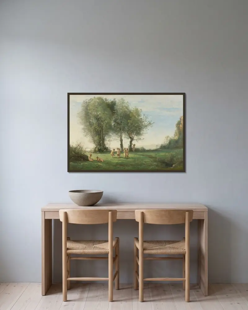 Kärleksgudarnas ringdans; Soluppgång av Jean-Baptiste-Camille Corot inramad på en vägg