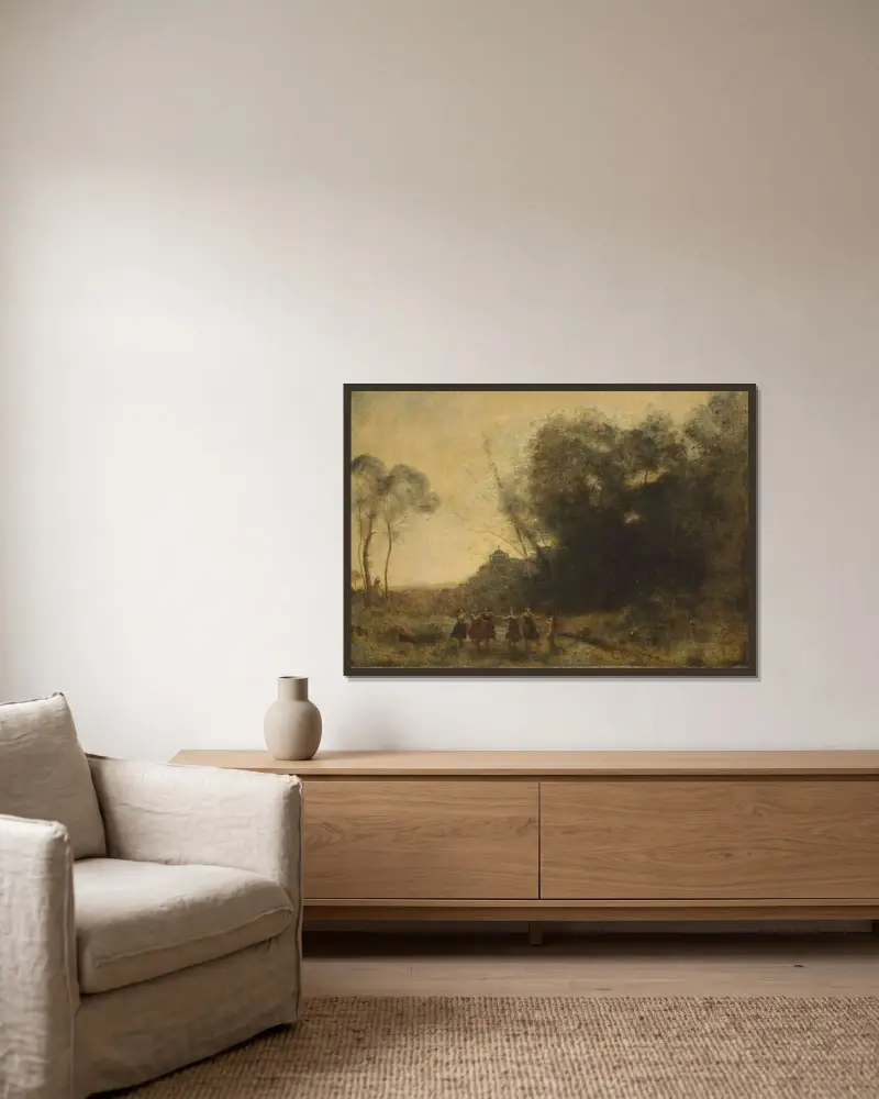 Ronde De Nymphes av Jean-Baptiste-Camille Corot inramad på en vägg
