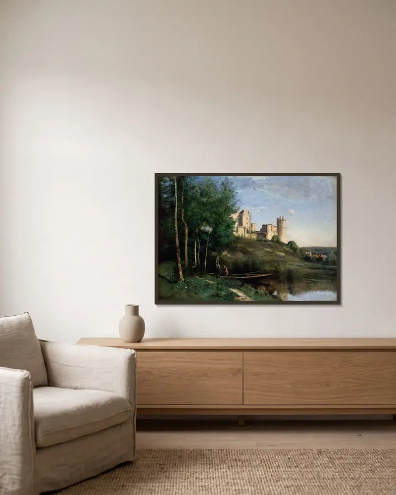 Ruinerna av slottet i Pierrefonds av Jean-Baptiste-Camille Corot inramad på en vägg