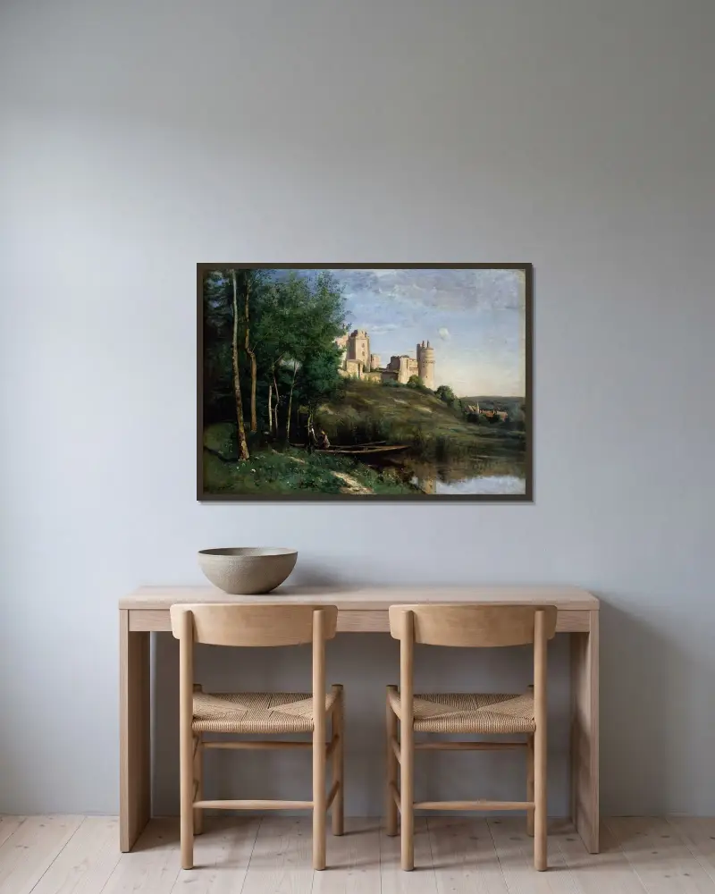 Ruinerna av slottet i Pierrefonds av Jean-Baptiste-Camille Corot inramad på en vägg