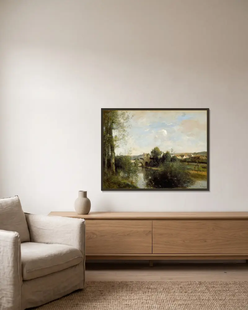 Seinen och den gamla bron vid Limay av Jean-Baptiste-Camille Corot inramad på en vägg