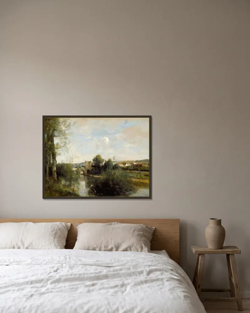 Seinen och den gamla bron vid Limay av Jean-Baptiste-Camille Corot inramad på en vägg