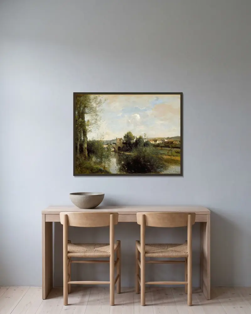 Seinen och den gamla bron vid Limay av Jean-Baptiste-Camille Corot inramad på en vägg