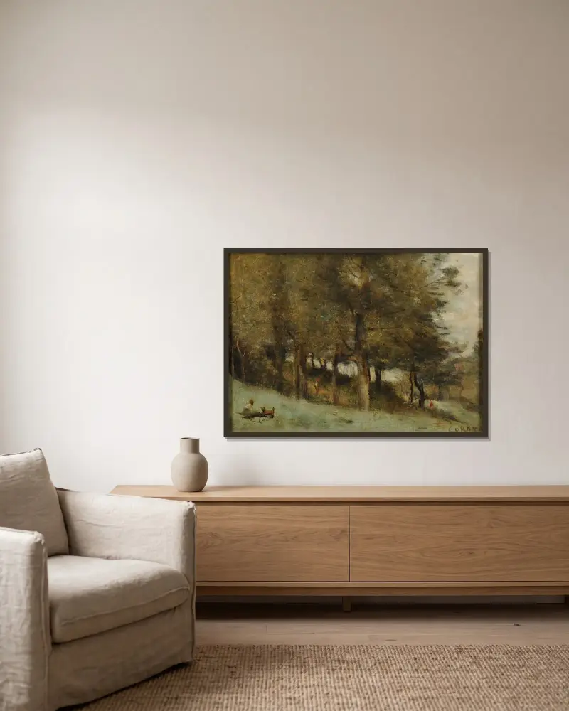 Unter dem Wald – Nr. 2 von Jean-Baptiste-Camille Corot gerahmt an einer Wand
