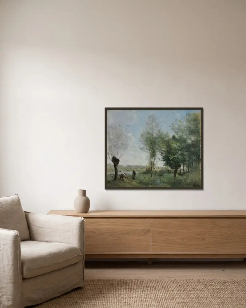 Minne från Coubron av Jean-Baptiste-Camille Corot inramad på en vägg