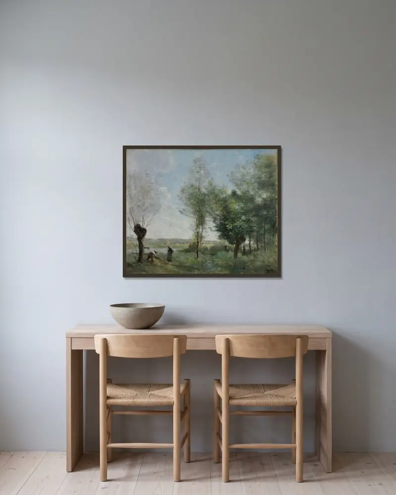 Minne från Coubron av Jean-Baptiste-Camille Corot inramad på en vägg