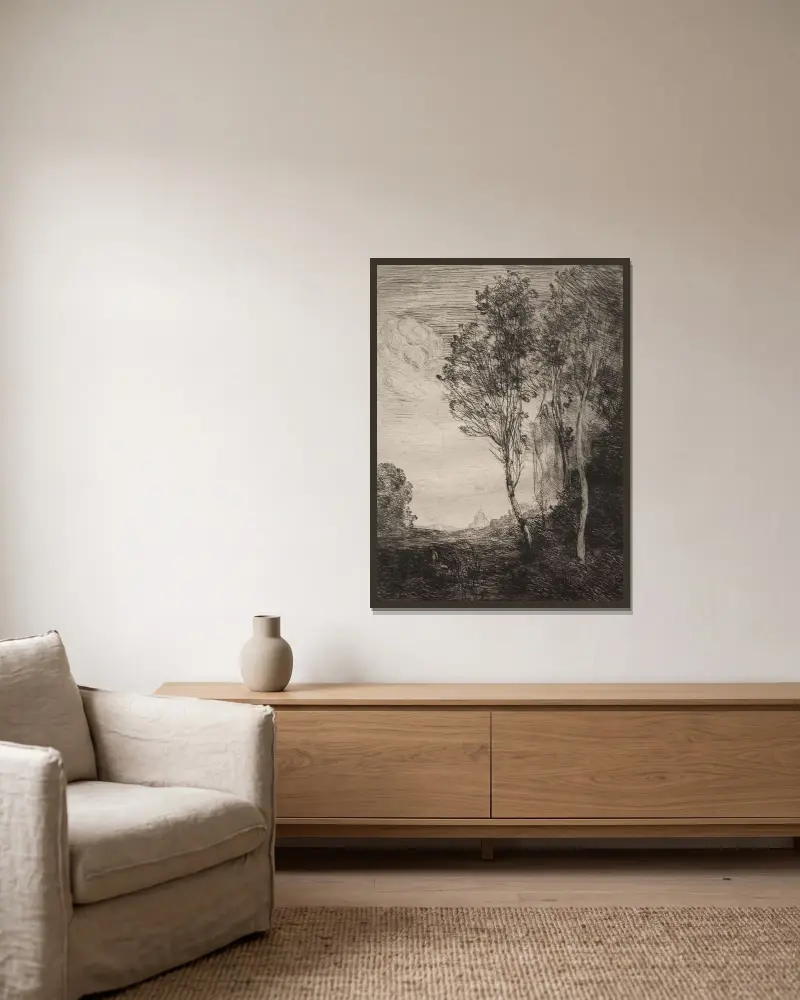 Minne från Italien av Jean-Baptiste-Camille Corot inramad på en vägg