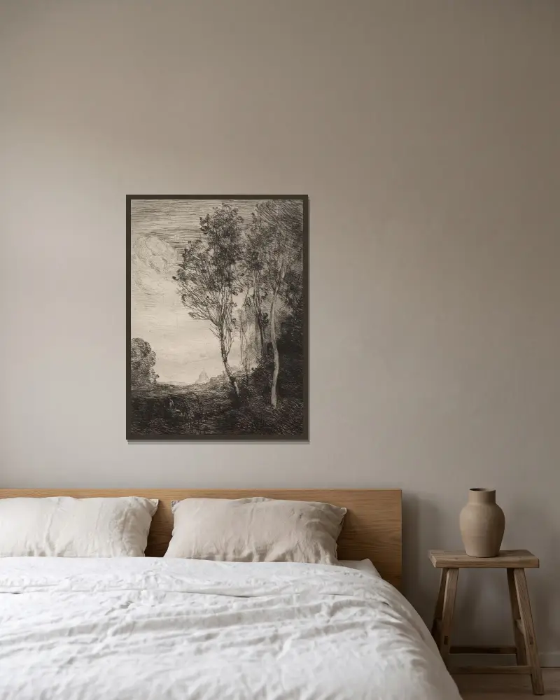 Minne från Italien av Jean-Baptiste-Camille Corot inramad på en vägg