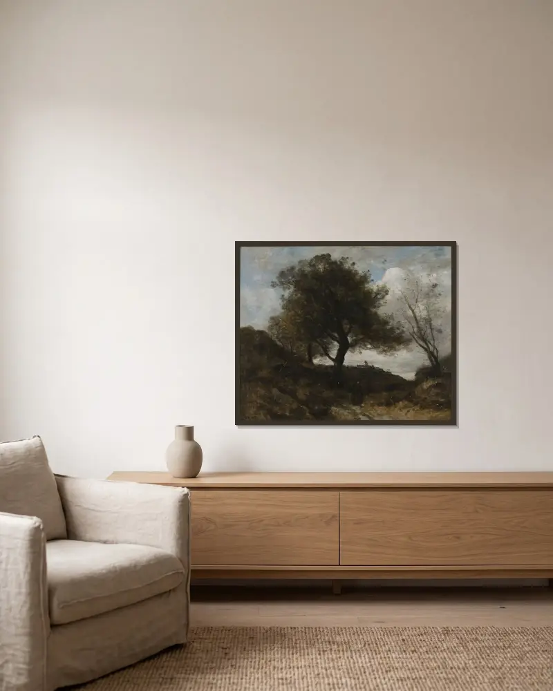 Erinnerung an die Normandie von Jean-Baptiste-Camille Corot gerahmt an einer Wand