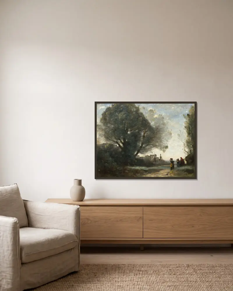 Souvenir från Terracina av Jean-Baptiste-Camille Corot inramad på en vägg