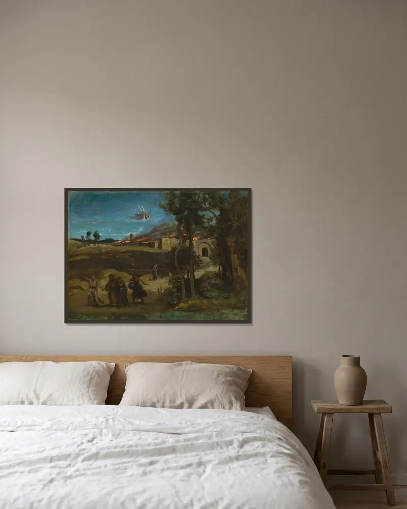 Studie till 'Sodoms förstörelse' av Jean-Baptiste-Camille Corot inramad på en vägg