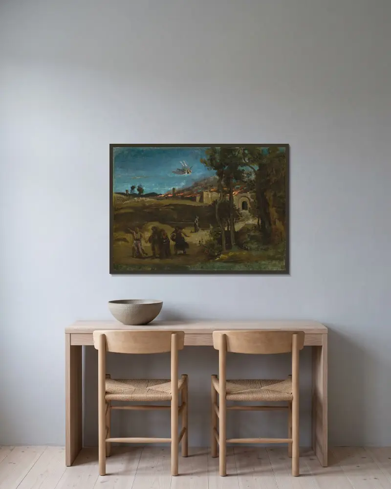 Studie till 'Sodoms förstörelse' av Jean-Baptiste-Camille Corot inramad på en vägg