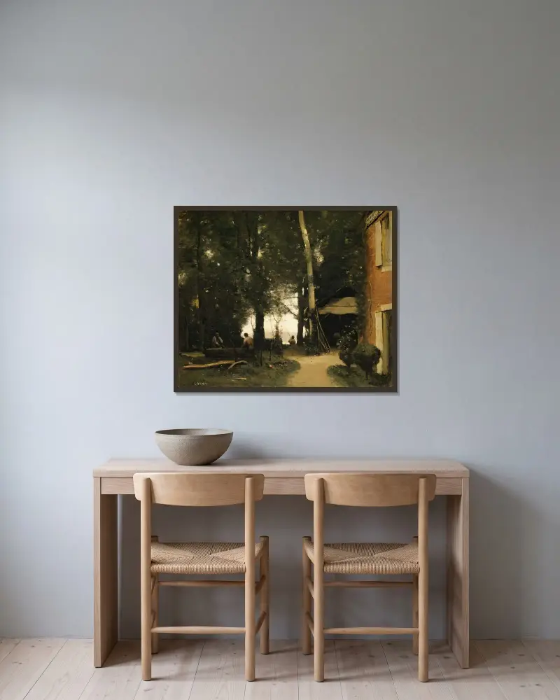 Seinens stränder vid Conflans av Jean-Baptiste-Camille Corot inramad på en vägg