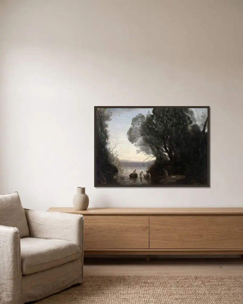 Dianas bad av Jean-Baptiste-Camille Corot inramad på en vägg
