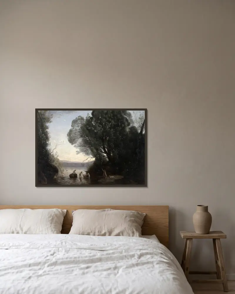 Dianas bad av Jean-Baptiste-Camille Corot inramad på en vägg
