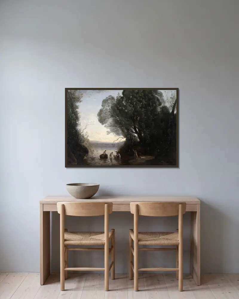 Dianas bad av Jean-Baptiste-Camille Corot inramad på en vägg