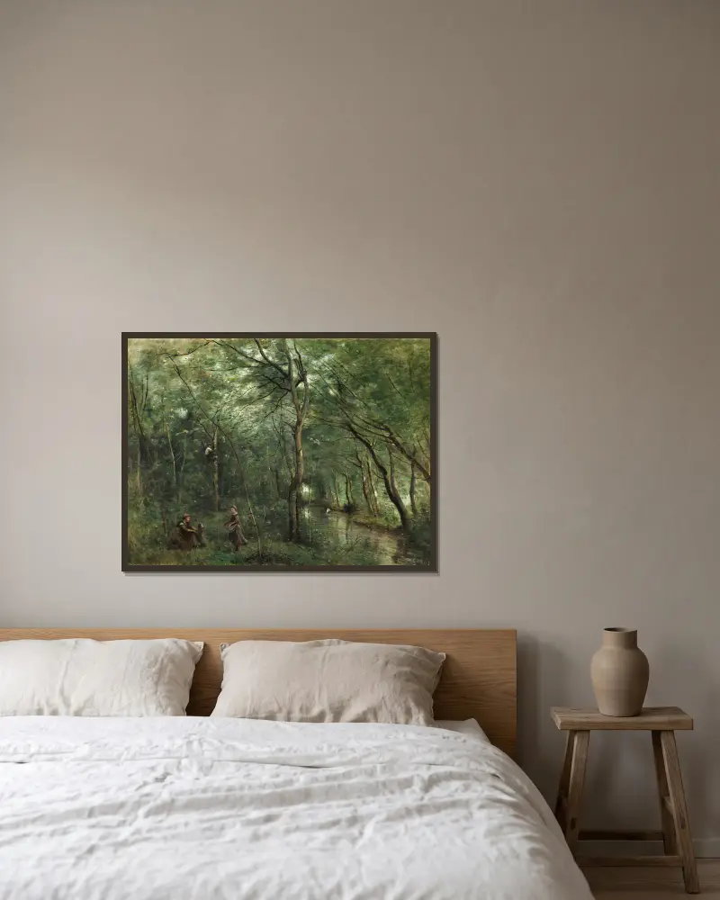 Die Aalfischer von Jean-Baptiste-Camille Corot gerahmt an einer Wand