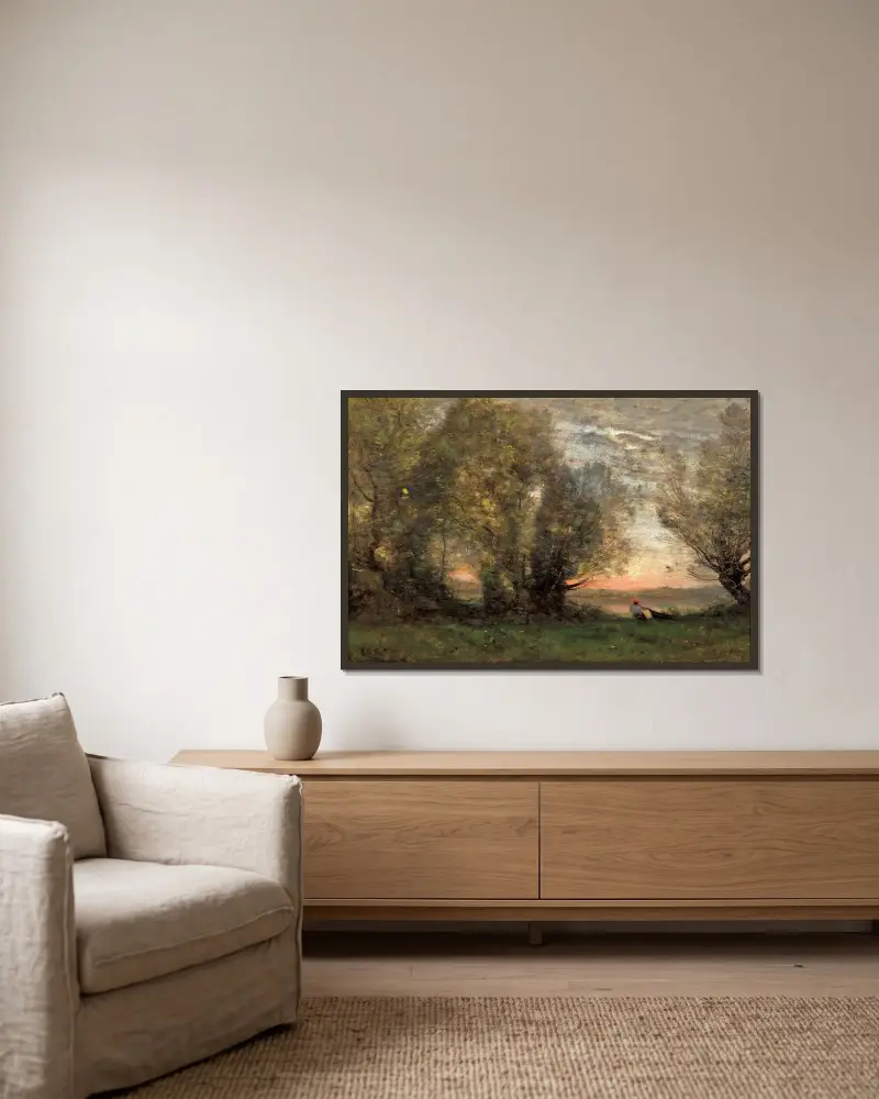 Der Fischer – Abendstimmung von Jean-Baptiste-Camille Corot gerahmt an einer Wand