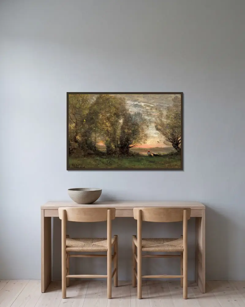 Der Fischer – Abendstimmung von Jean-Baptiste-Camille Corot gerahmt an einer Wand