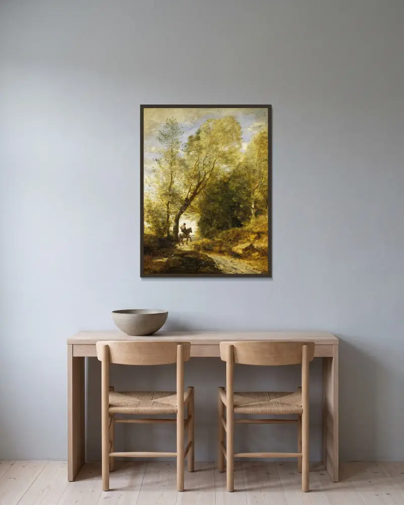 Skogen vid Coubron av Jean-Baptiste-Camille Corot inramad på en vägg