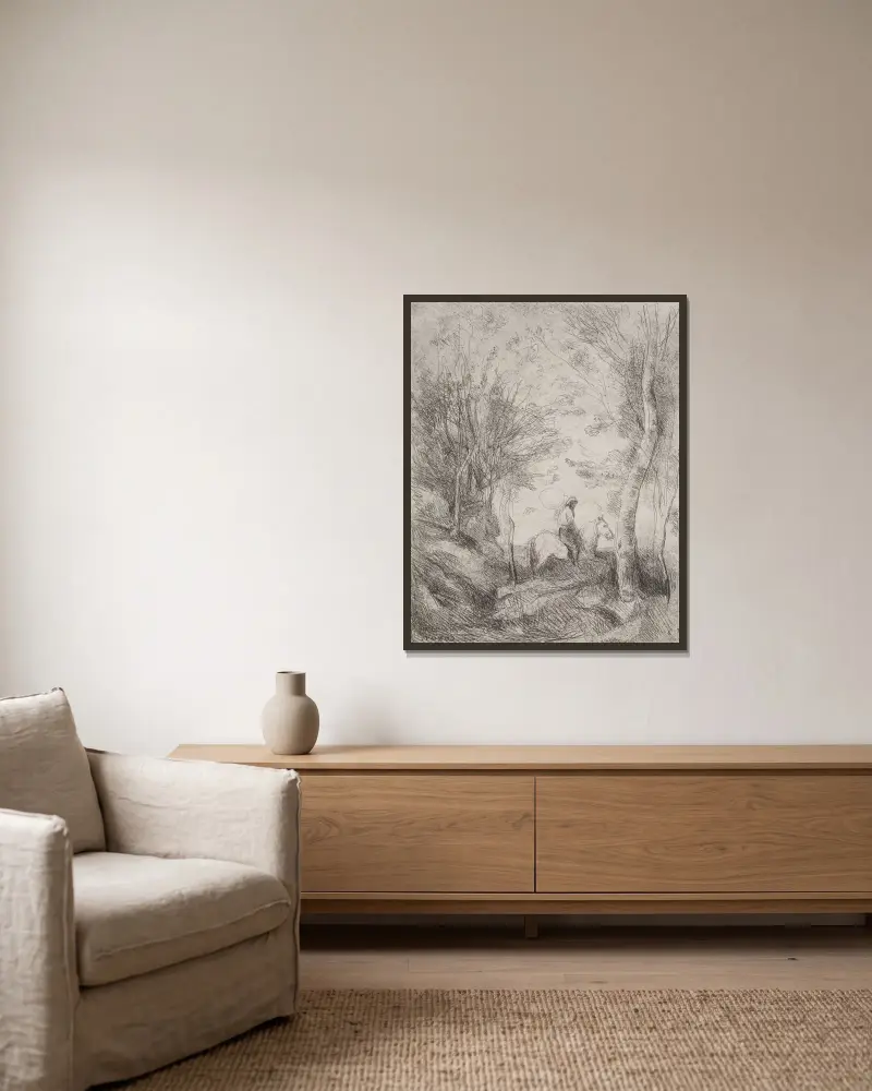 Den store kavaljeren i skogen av Jean-Baptiste-Camille Corot inramad på en vägg