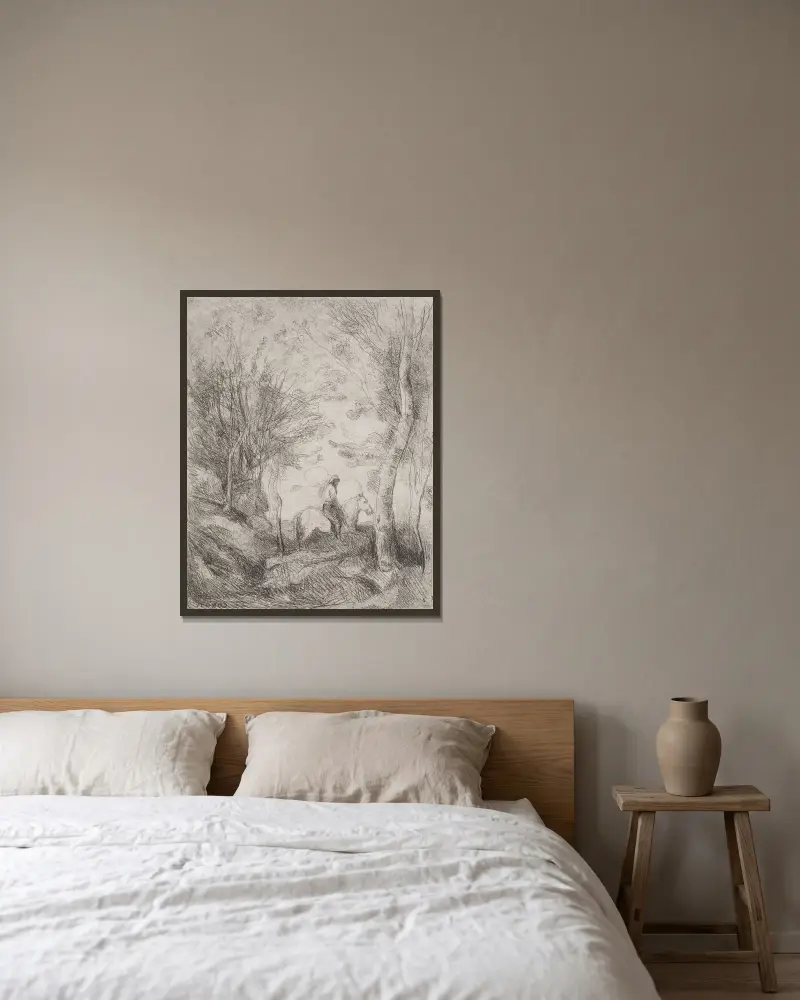 Den store kavaljeren i skogen av Jean-Baptiste-Camille Corot inramad på en vägg