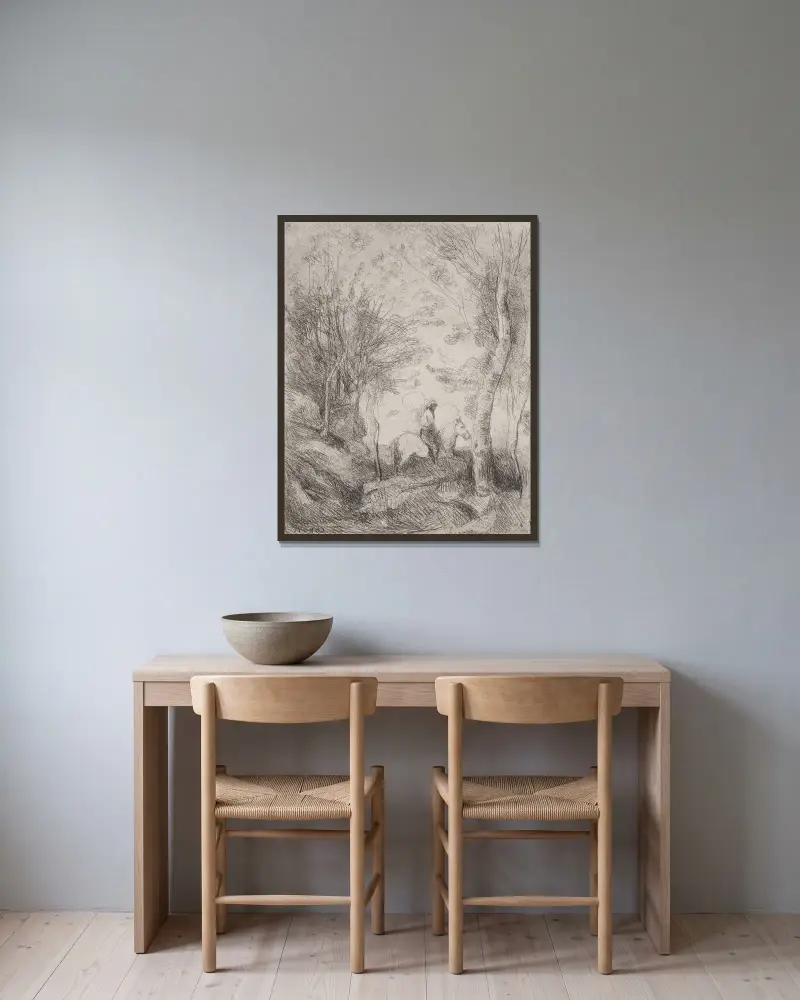Den store kavaljeren i skogen av Jean-Baptiste-Camille Corot inramad på en vägg