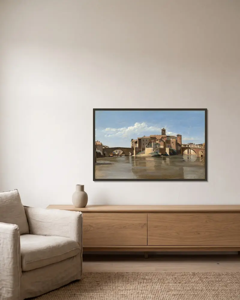 Ön och bron San Bartolomeo, Rom av Jean-Baptiste-Camille Corot inramad på en vägg