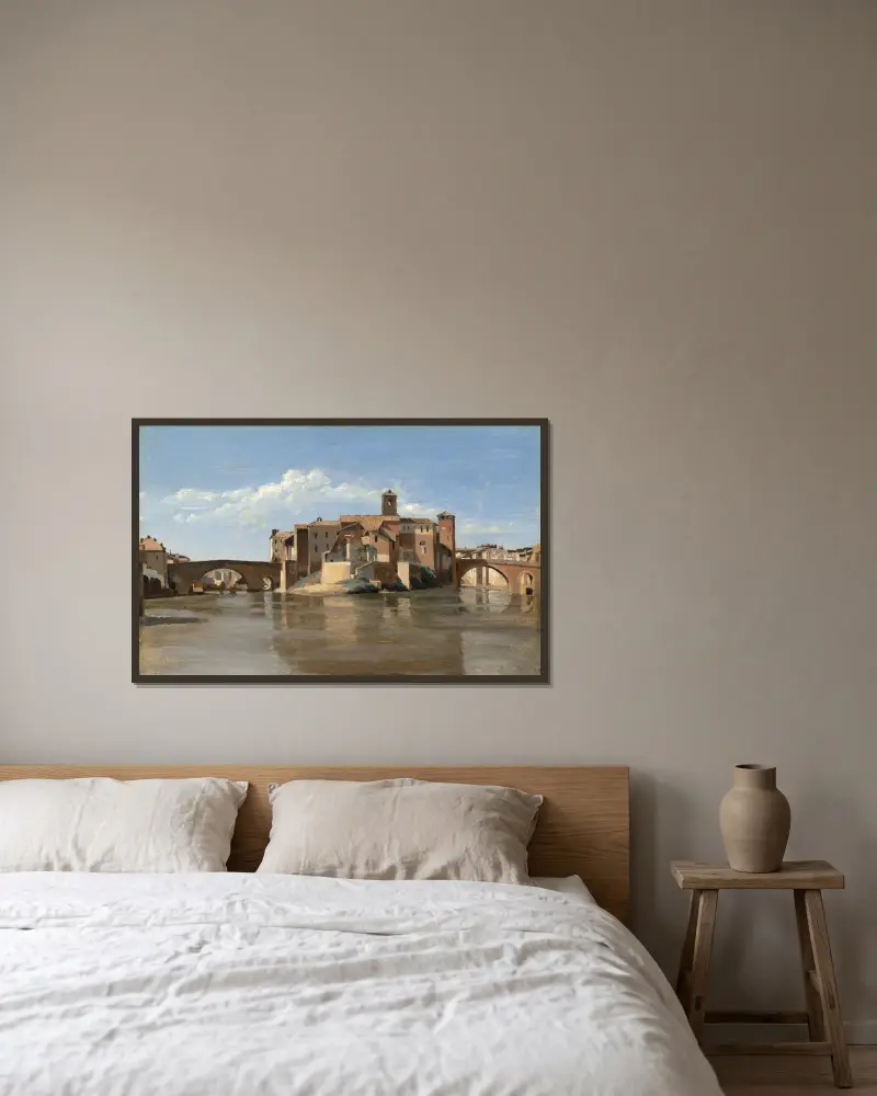 Ön och bron San Bartolomeo, Rom av Jean-Baptiste-Camille Corot inramad på en vägg