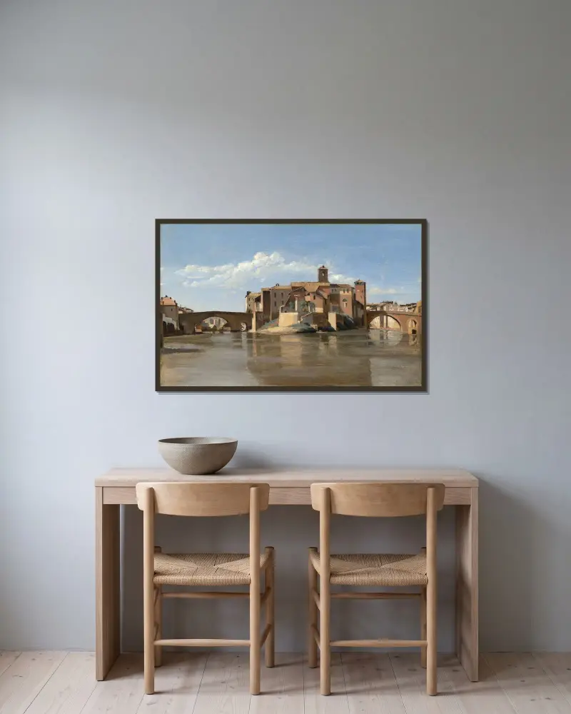 Ön och bron San Bartolomeo, Rom av Jean-Baptiste-Camille Corot inramad på en vägg