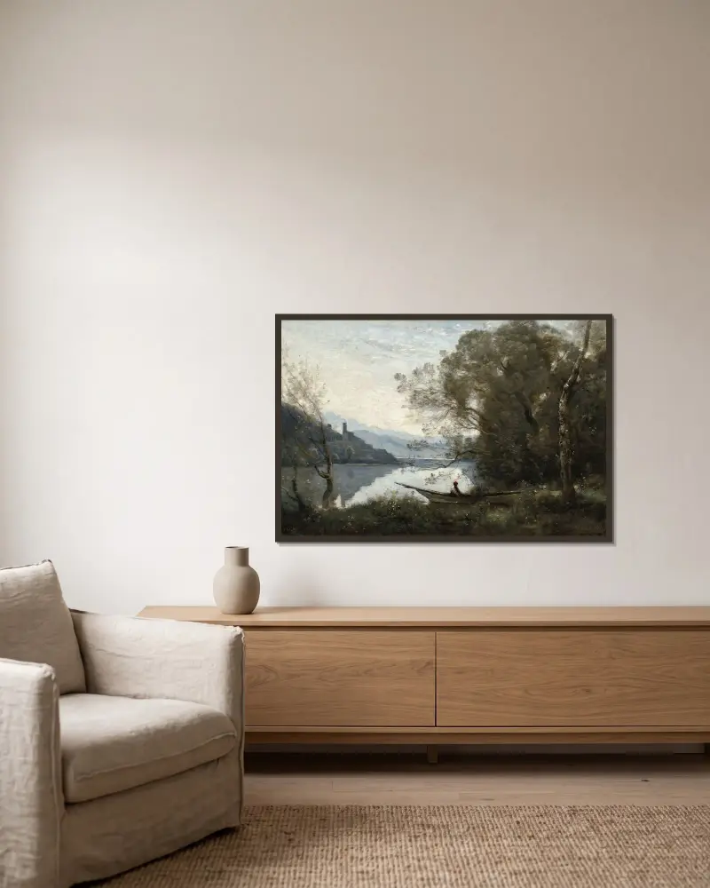 Der festgemachte Bootsmann – Erinnerung an einen italienischen See von Jean-Baptiste-Camille Corot gerahmt an einer Wand
