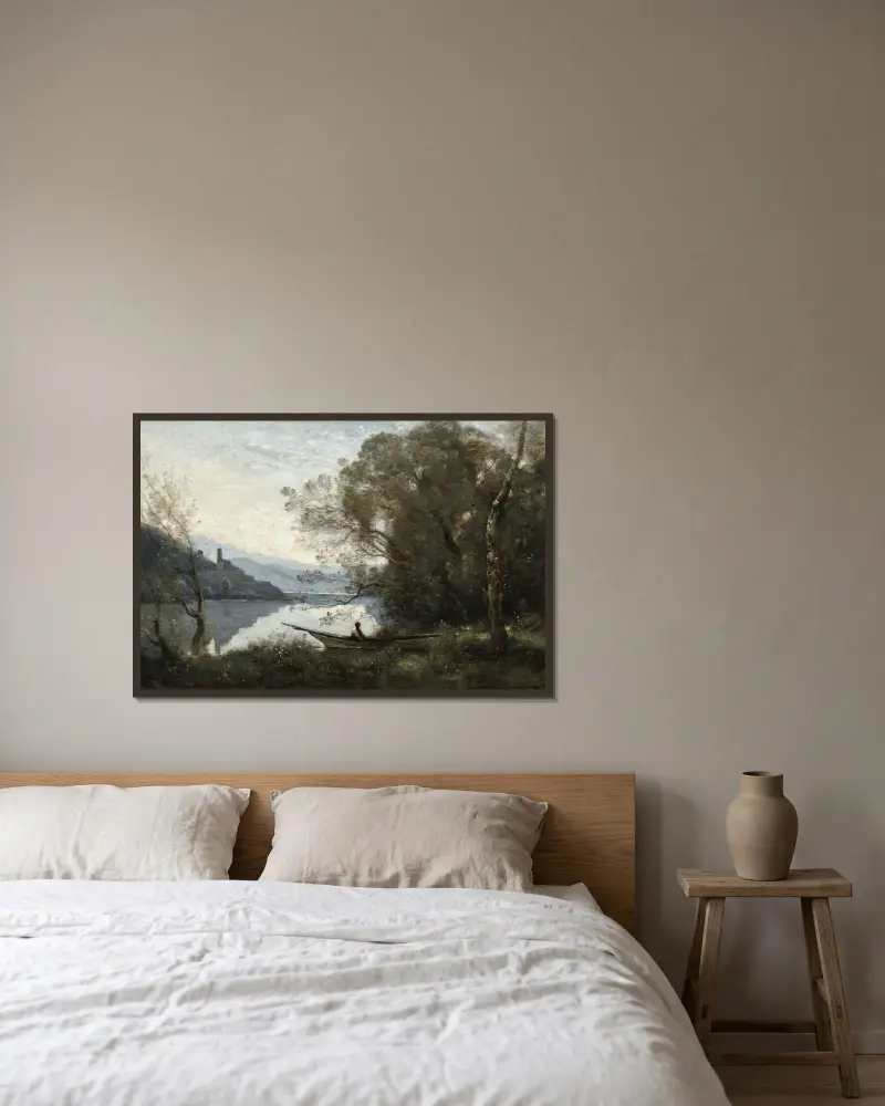 Der festgemachte Bootsmann – Erinnerung an einen italienischen See von Jean-Baptiste-Camille Corot gerahmt an einer Wand