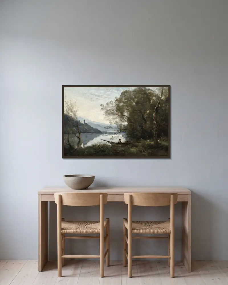 Der festgemachte Bootsmann – Erinnerung an einen italienischen See von Jean-Baptiste-Camille Corot gerahmt an einer Wand