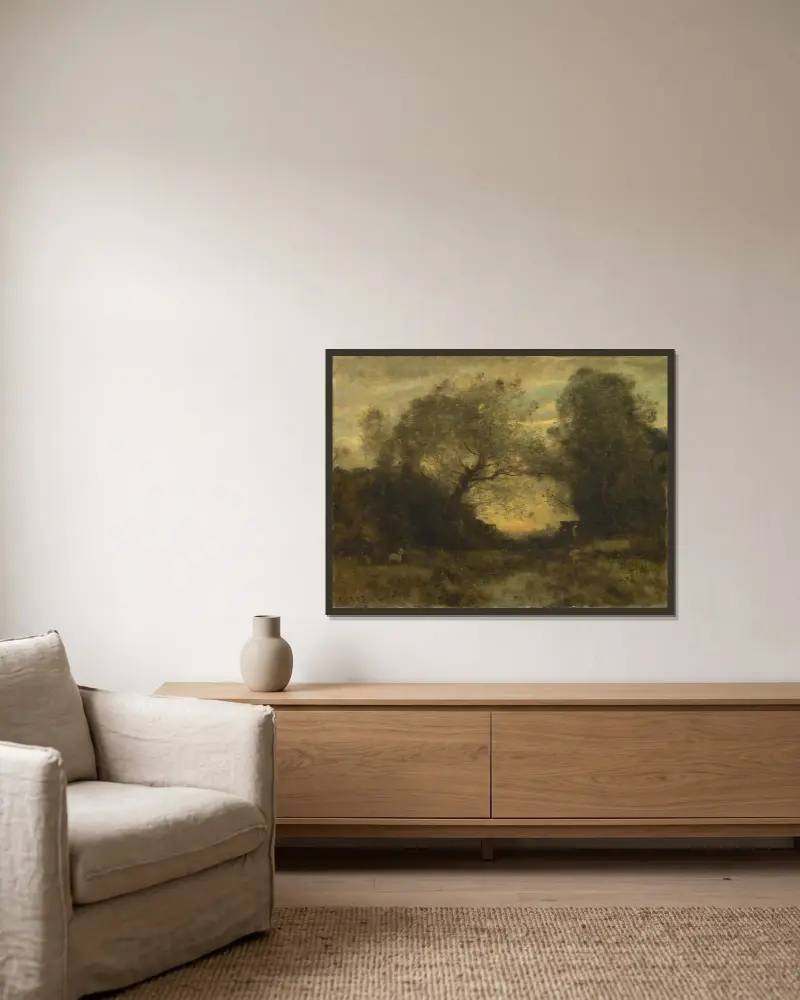 Dammen vid skogsbrynet av Jean-Baptiste-Camille Corot inramad på en vägg