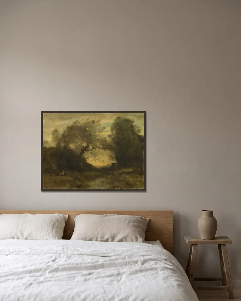 Dammen vid skogsbrynet av Jean-Baptiste-Camille Corot inramad på en vägg