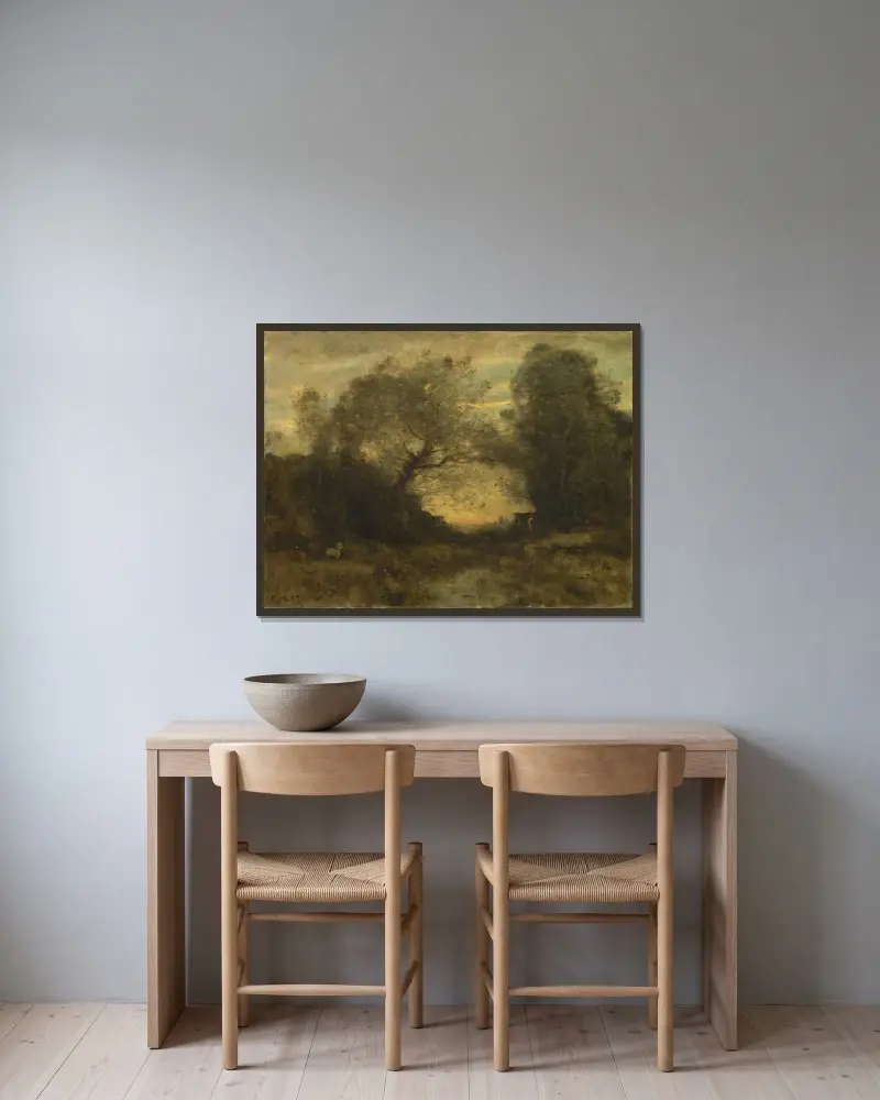 Dammen vid skogsbrynet av Jean-Baptiste-Camille Corot inramad på en vägg