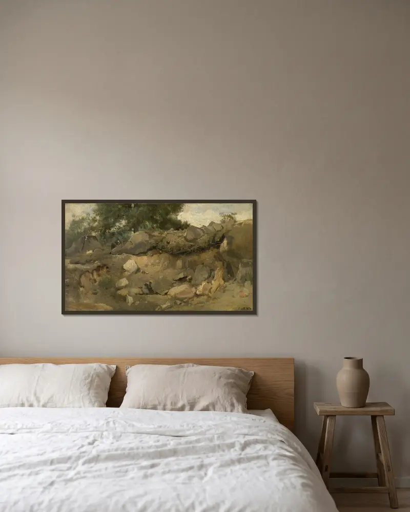 Der Steinbruch Chaise-Marie bei Fontainebleau von Jean-Baptiste-Camille Corot gerahmt an einer Wand