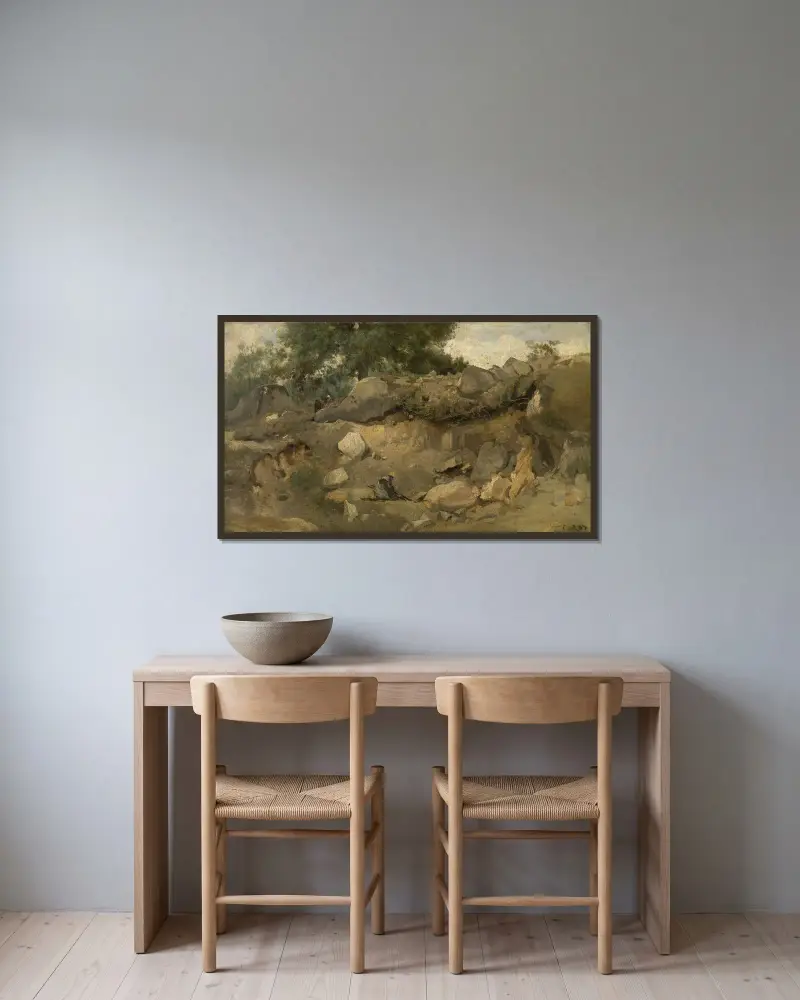 Der Steinbruch Chaise-Marie bei Fontainebleau von Jean-Baptiste-Camille Corot gerahmt an einer Wand